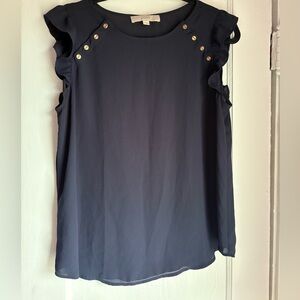 LOFT Navy Ruffle Blouse with Gold Studs Size LP